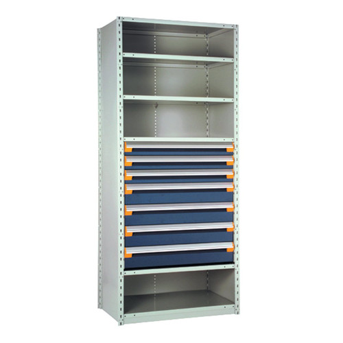 7-Drawer Steel Shelving with Drawers, 36" W x 18" D x 87" H, 6 Shelves, Three 4"H, Four 6"H, Included Dividers, Starter